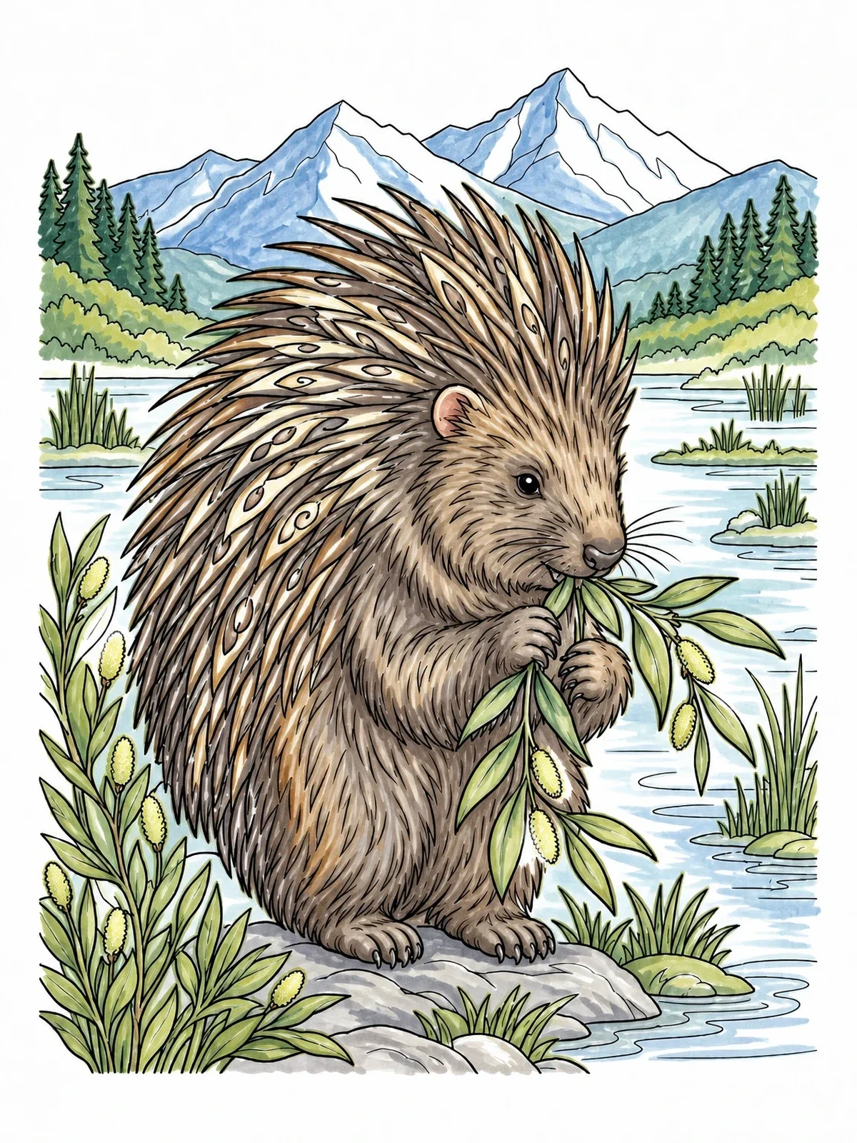 Colored example of the Porcupine In A Mountain Marshland coloring page