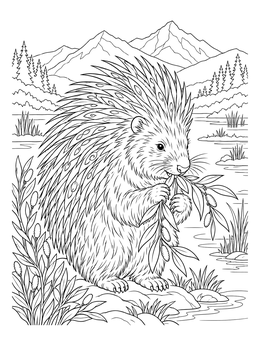 A detailed porcupine coloring page showing the animal nibbling leaves by a mountain lake.