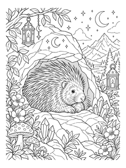 A peaceful porcupine coloring page resting in a mountain cave under a starry night sky.