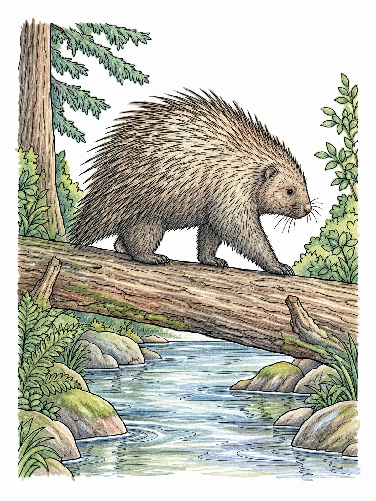Colored example of the Porcupine Walking Across A Fallen Log coloring page