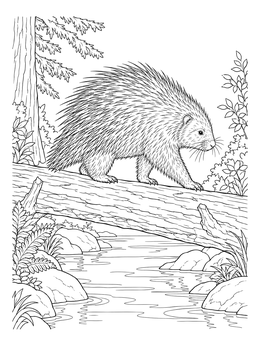 A detailed porcupine coloring page showing the animal walking on a log over a forest stream.