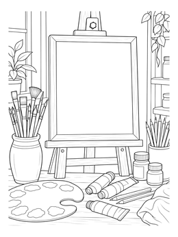 An art studio easel with paints and brushes in this portrait coloring page.