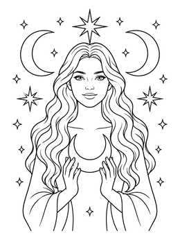 A celestial woman holding a moon in this portrait coloring page surrounded by glowing stars.