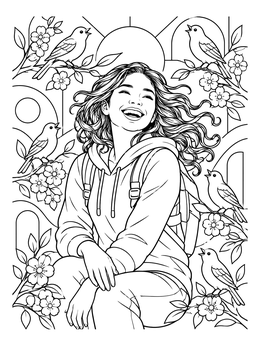 A laughing girl surrounded by singing birds and flowers on this portrait coloring page.