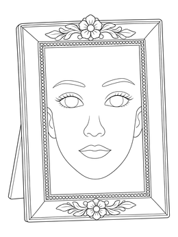 A creative portrait coloring page featuring a face template inside an ornate standing photo frame.