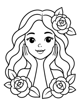 Free printable Smiling Girl With Blooming Roses coloring page