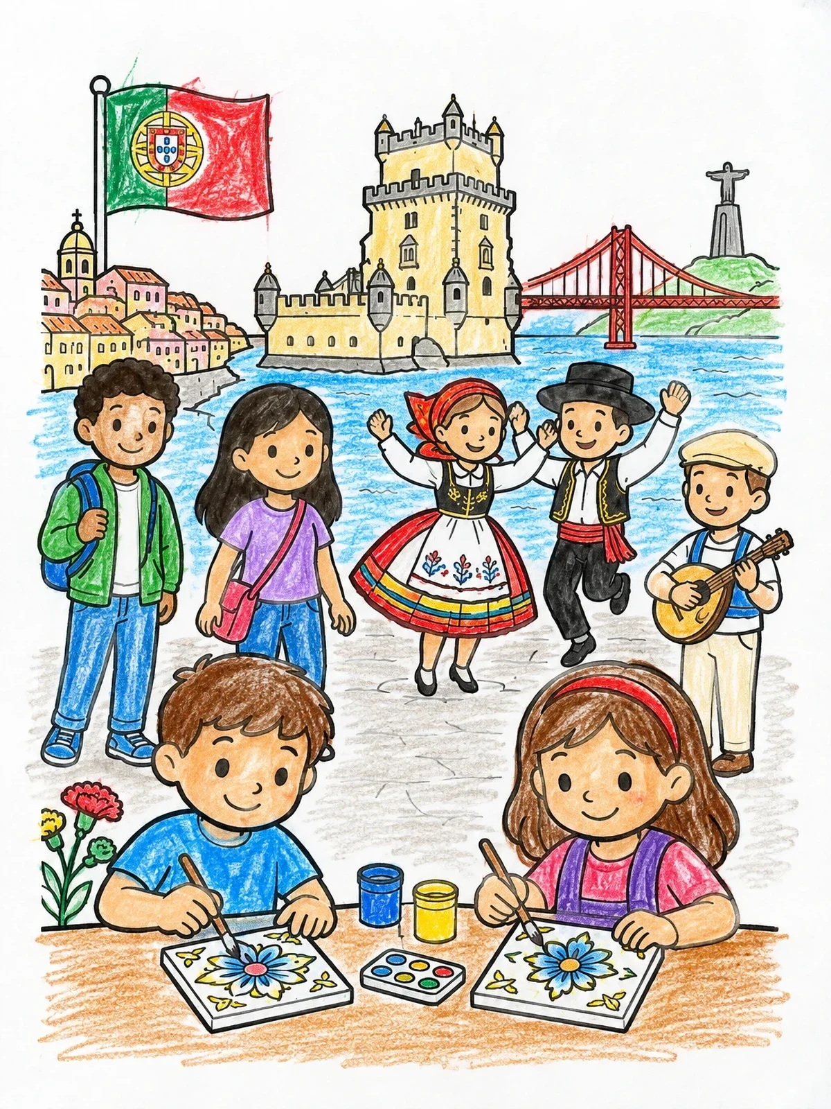 Colored example of the Children Painting Azulejos In Portugal coloring page