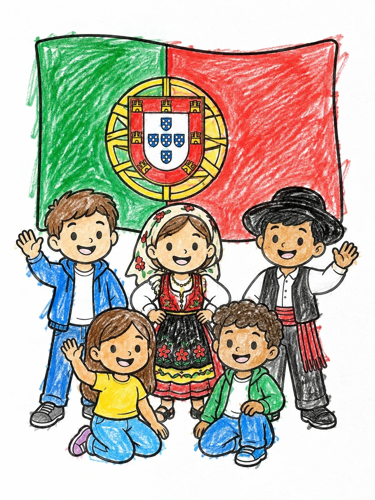 Colored example of the Portuguese Children And National Flag coloring page