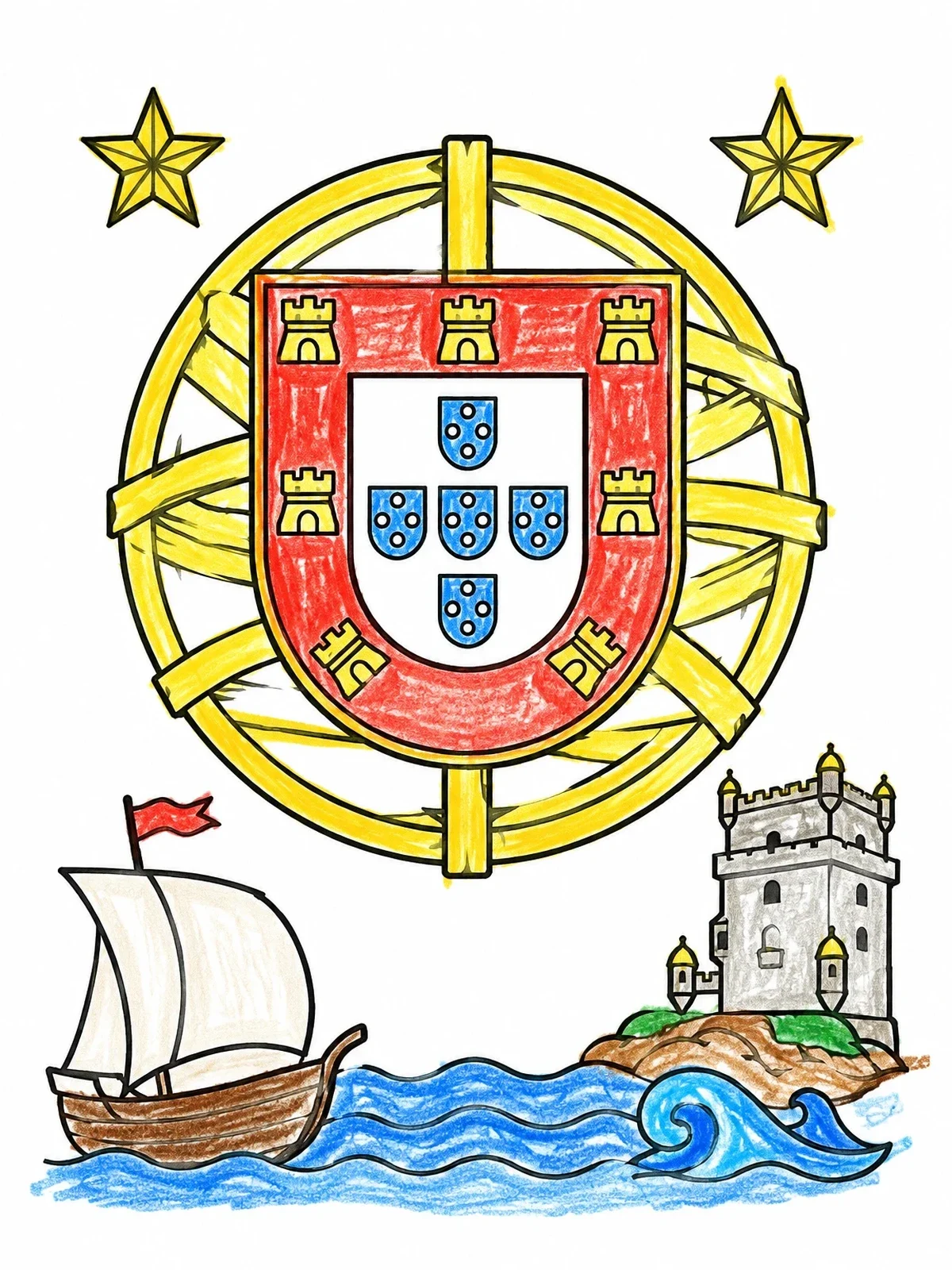 Colored example of the Portuguese Coat Of Arms And Caravel coloring page