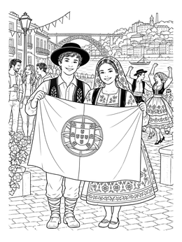 A smiling boy and girl in traditional attire hold a flag in this portugal coloring page.