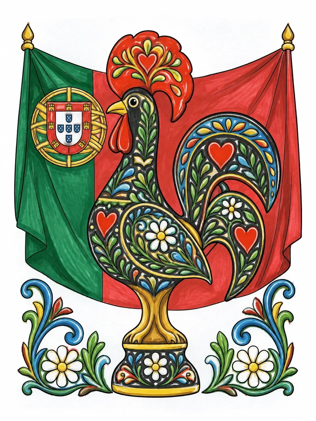 Colored example of the Portuguese Rooster Of Barcelos And Flag coloring page