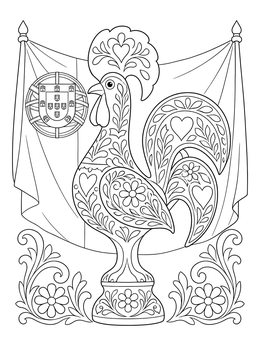 A decorative Rooster of Barcelos stands before a draped banner in this detailed portugal coloring page.