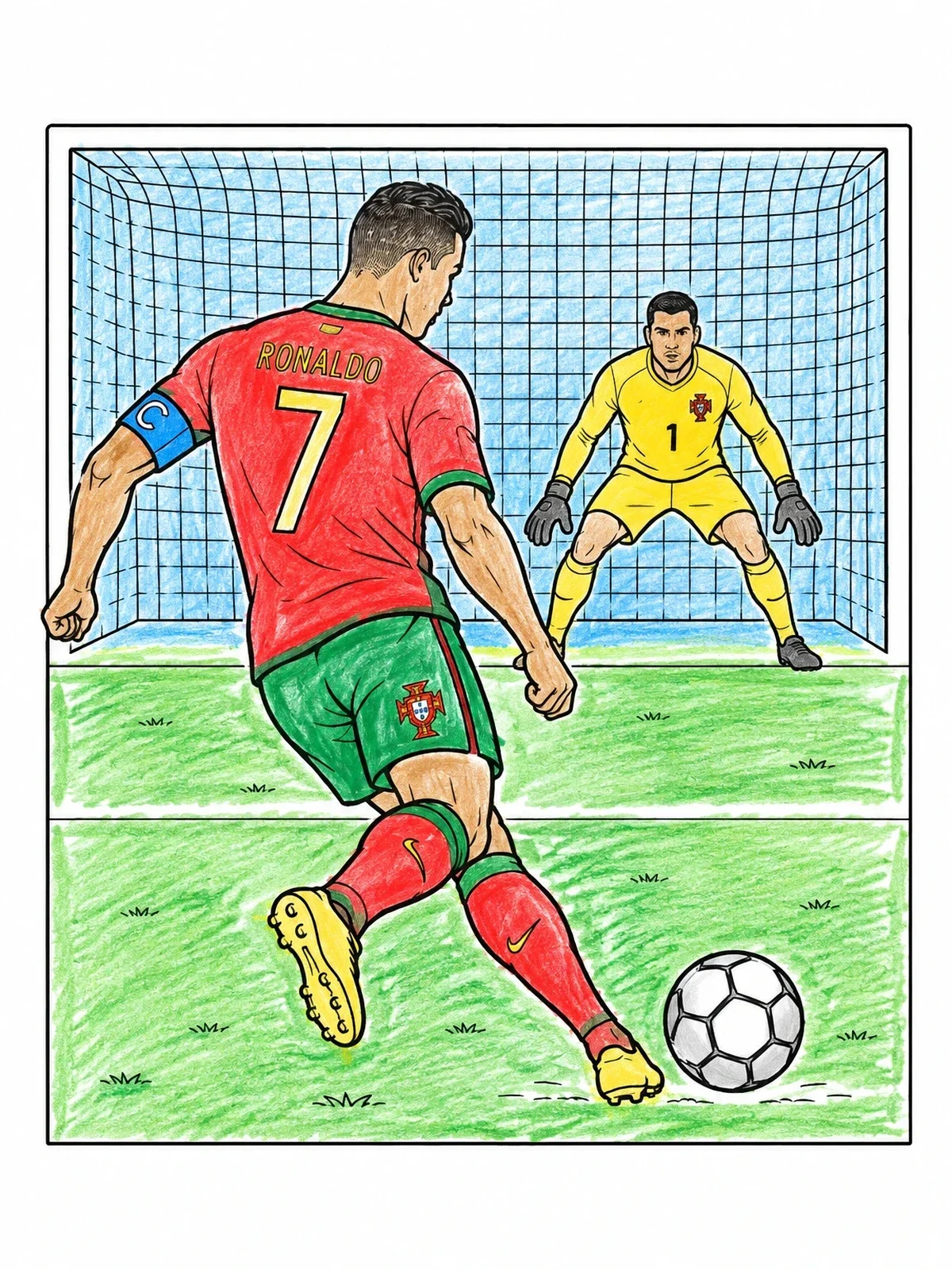 Colored example of the Portuguese Soccer Penalty Kick coloring page