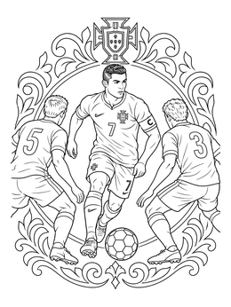 A dynamic portugal coloring page showing a star soccer player dribbling between two defenders.