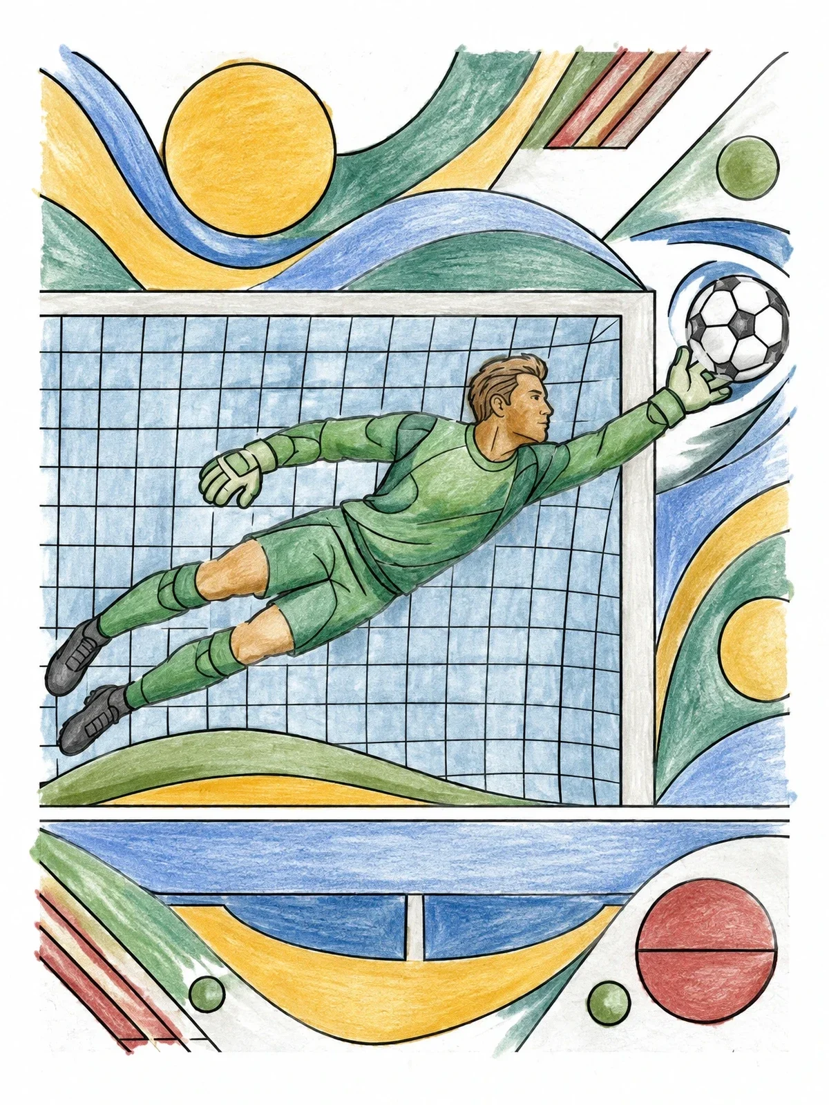 Colored example of the Soccer Goalkeeper Spectacular Save coloring page