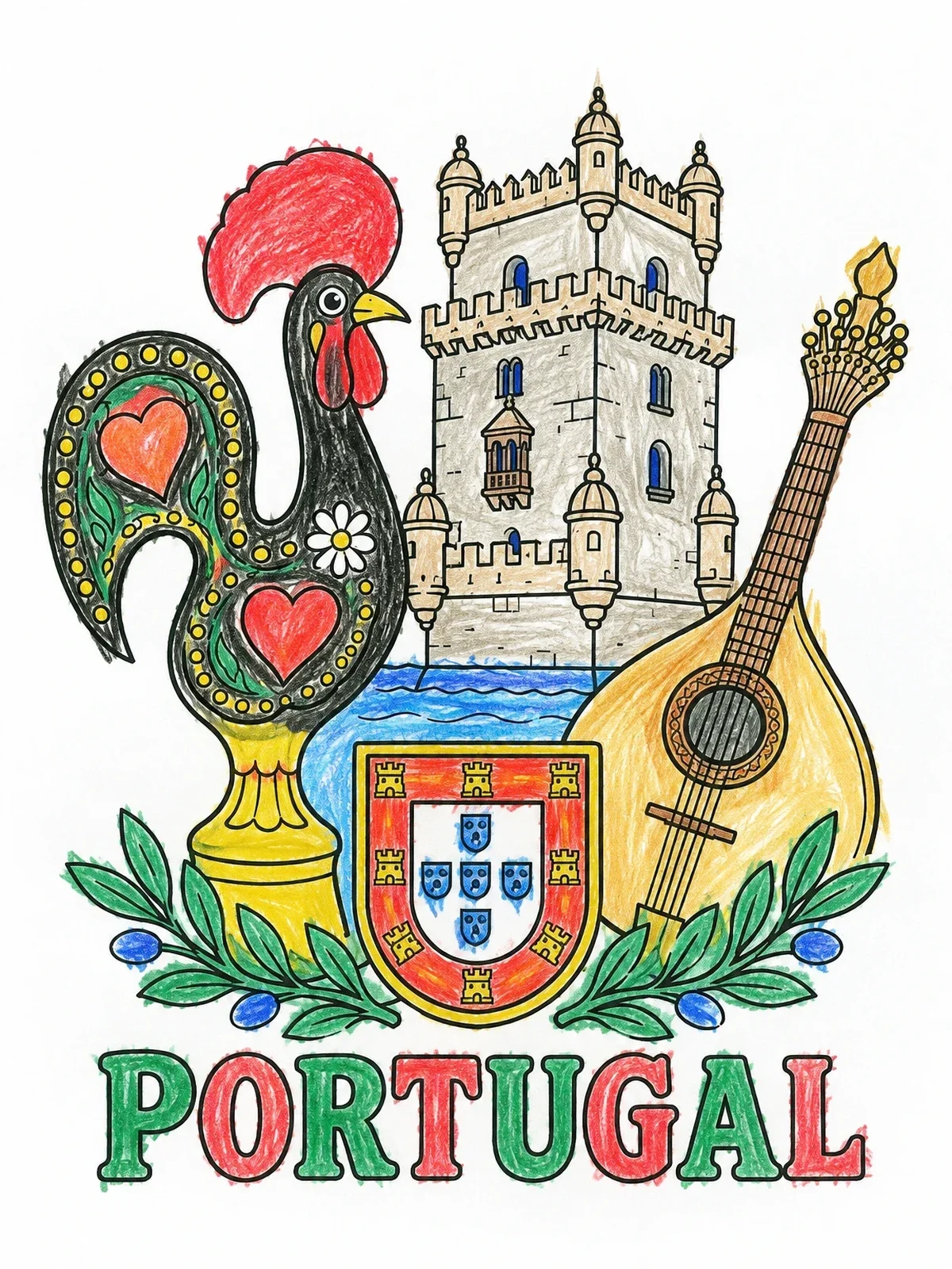Colored example of the Portugal Landmarks And Cultural Symbols coloring page