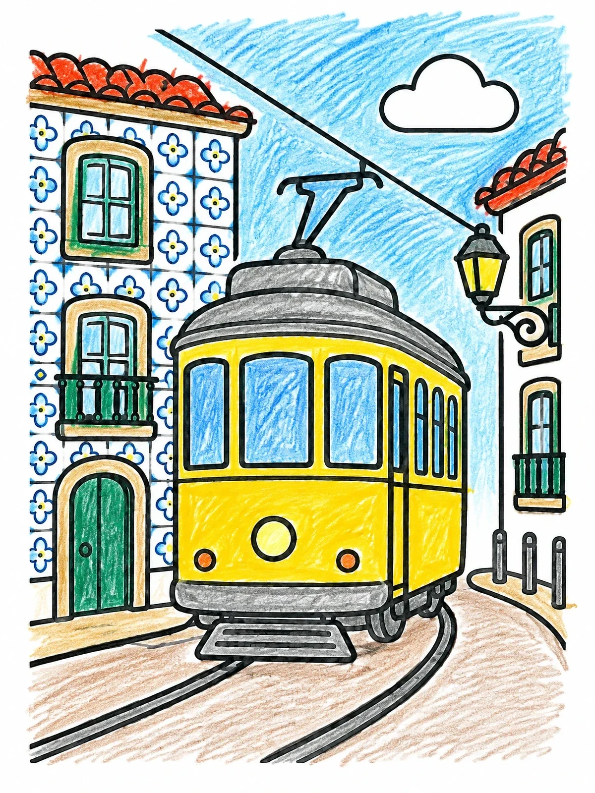 Colored example of the Vintage Tram On Lisbon Street coloring page