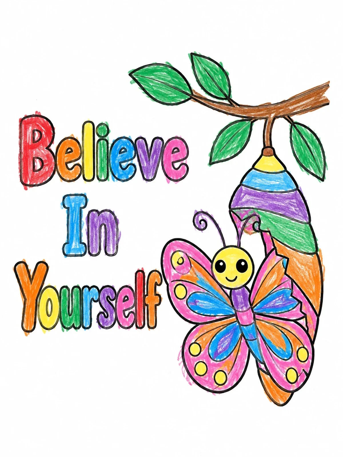 Colored example of the Believe In Yourself Butterfly coloring page