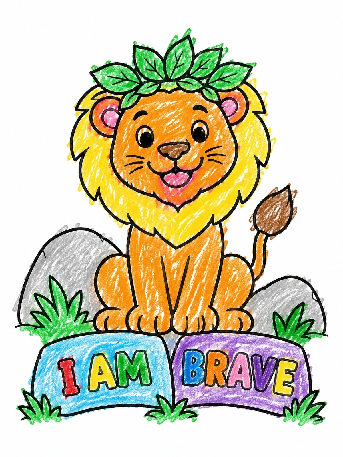 Colored example of the Brave Little Lion With Leaf Crown coloring page