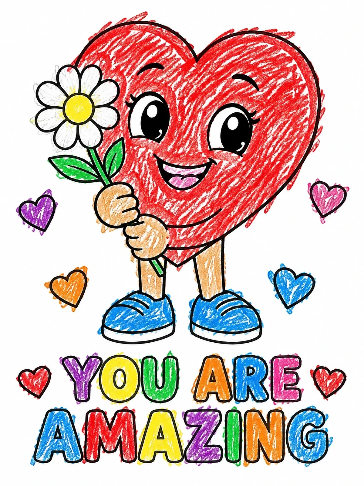 Colored example of the Cartoon Heart With Flower And Affirmation coloring page