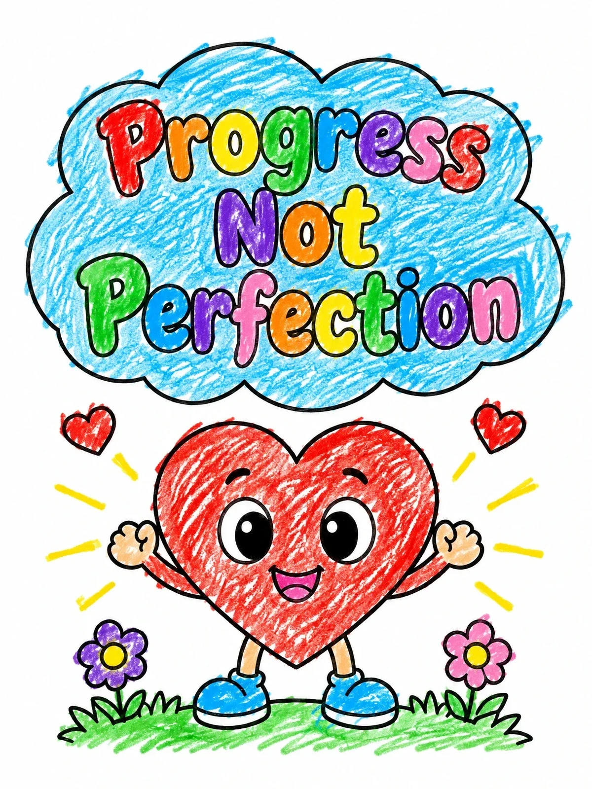 Colored example of the Cheerful Heart Progress Not Perfection coloring page