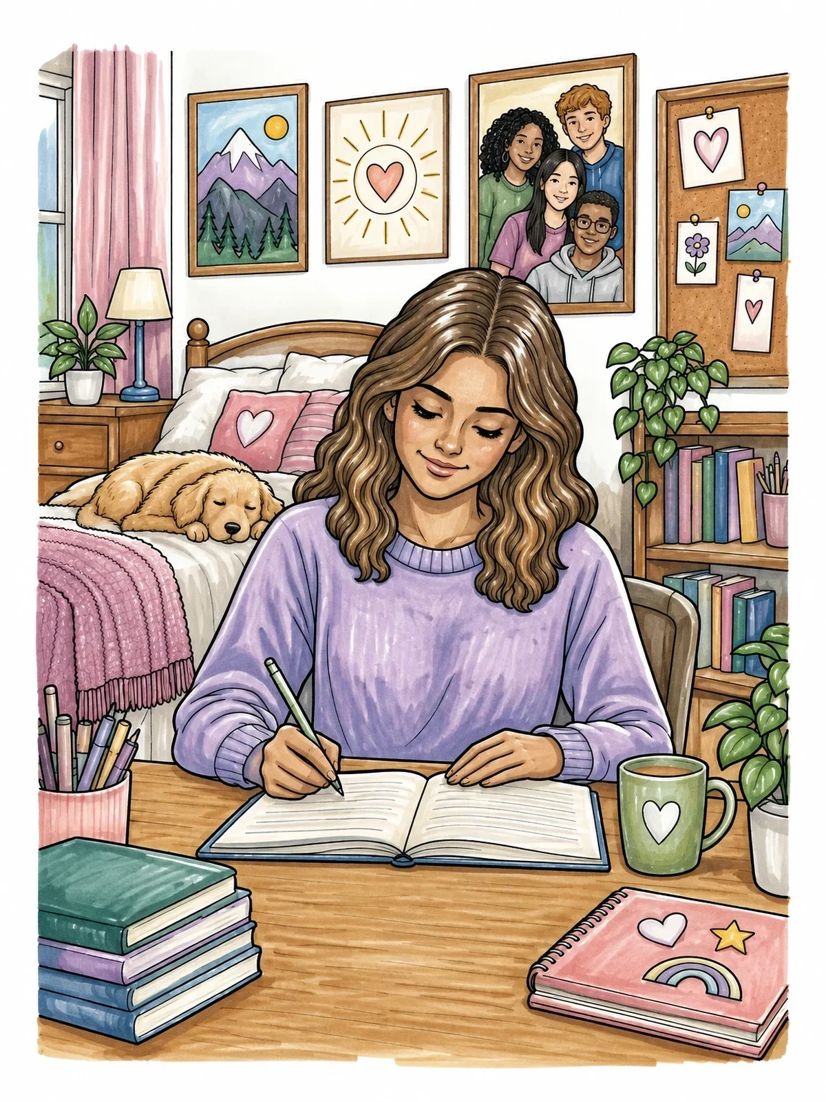 Colored example of the Cozy Bedroom Journaling And Affirmations coloring page