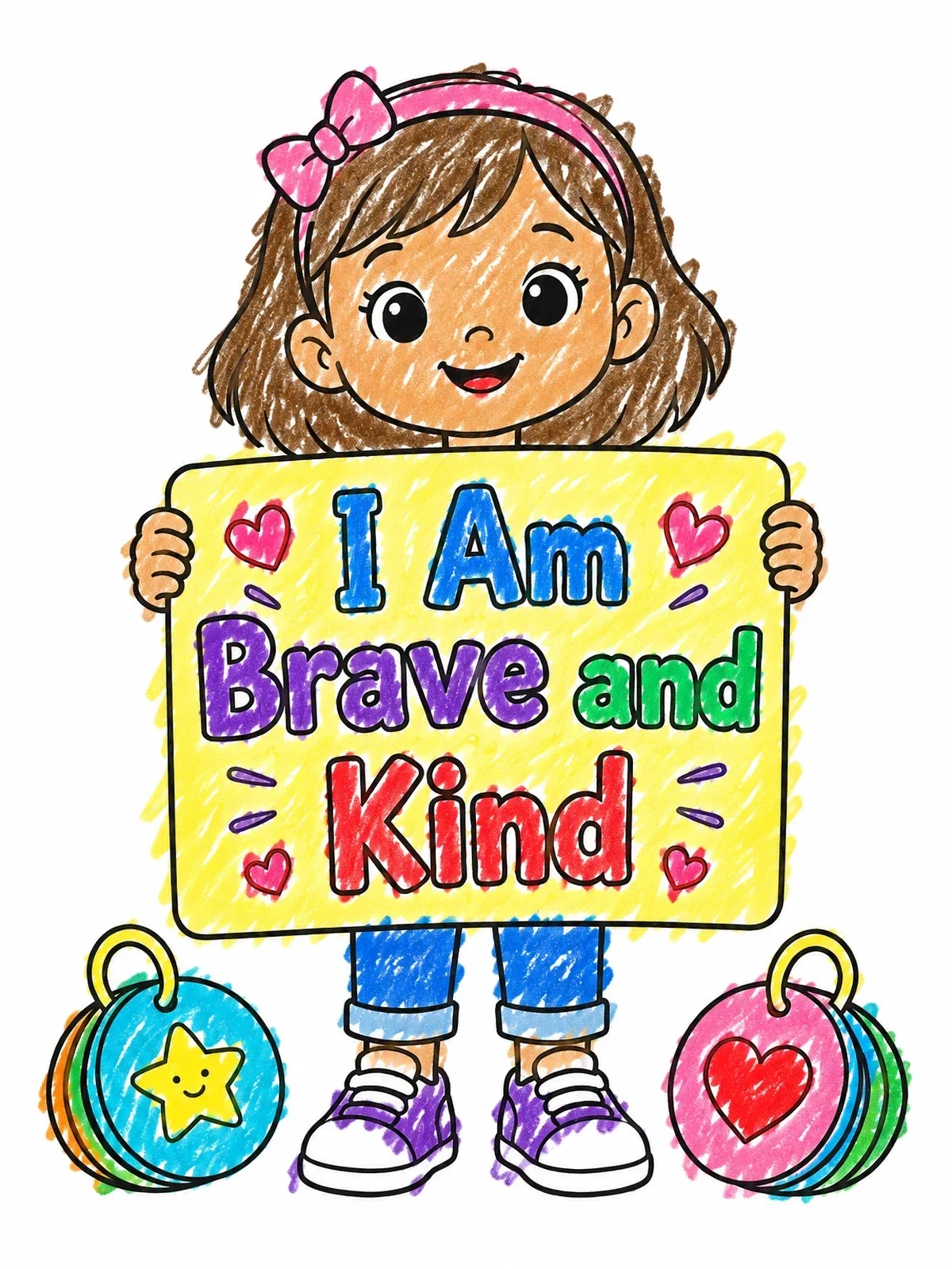 Colored example of the Cheerful Girl With Brave And Kind Sign coloring page