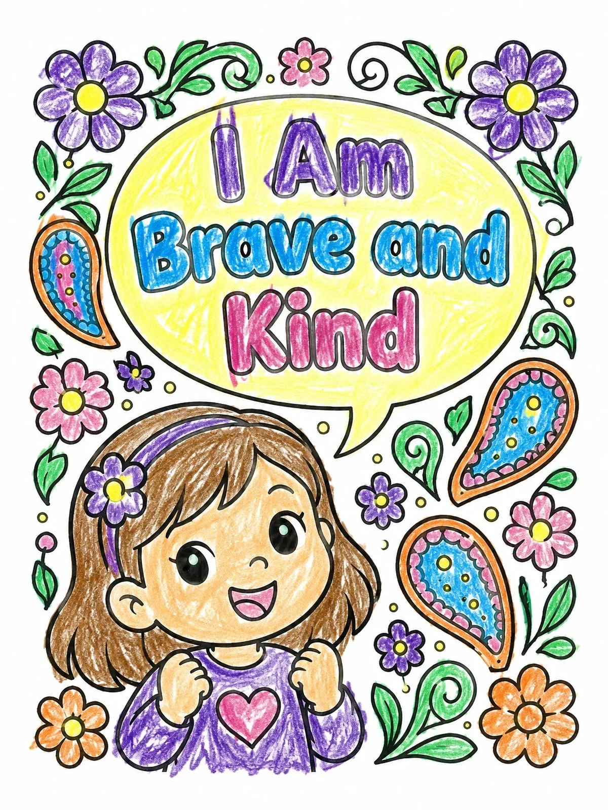Colored example of the I Am Brave And Kind Girl coloring page