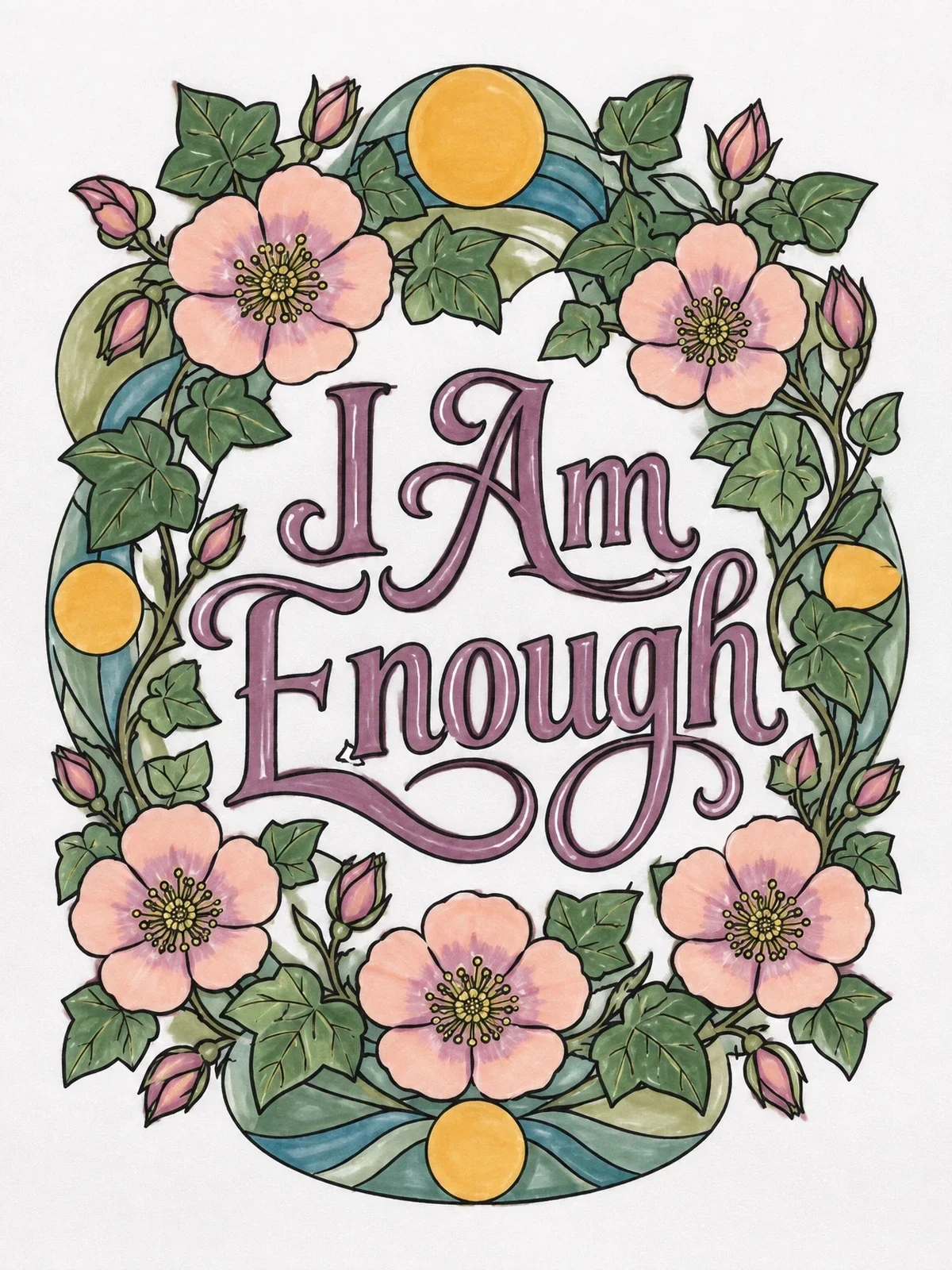 Colored example of the I Am Enough Floral Affirmation coloring page