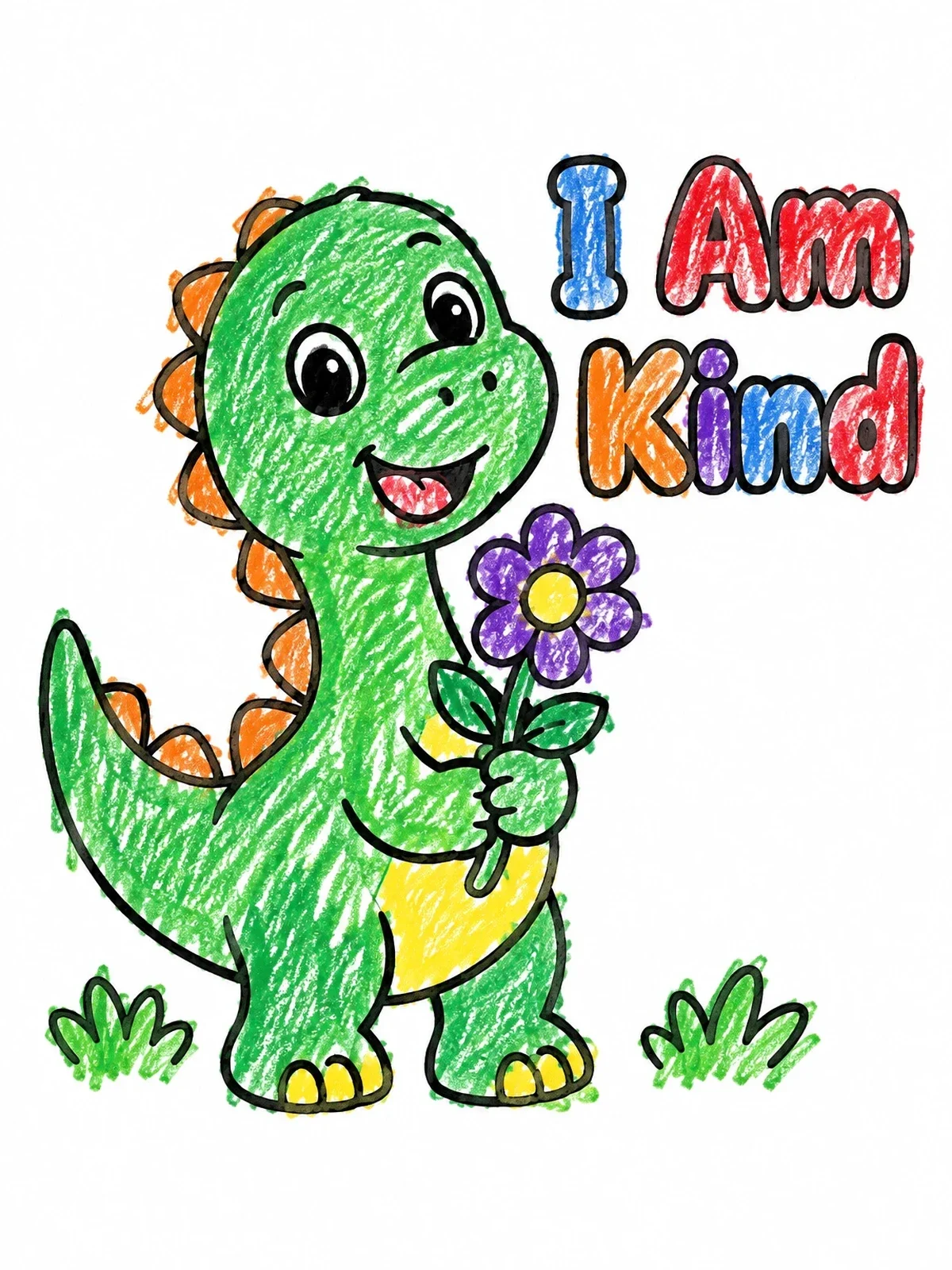 Colored example of the Kind Dinosaur With Flower coloring page