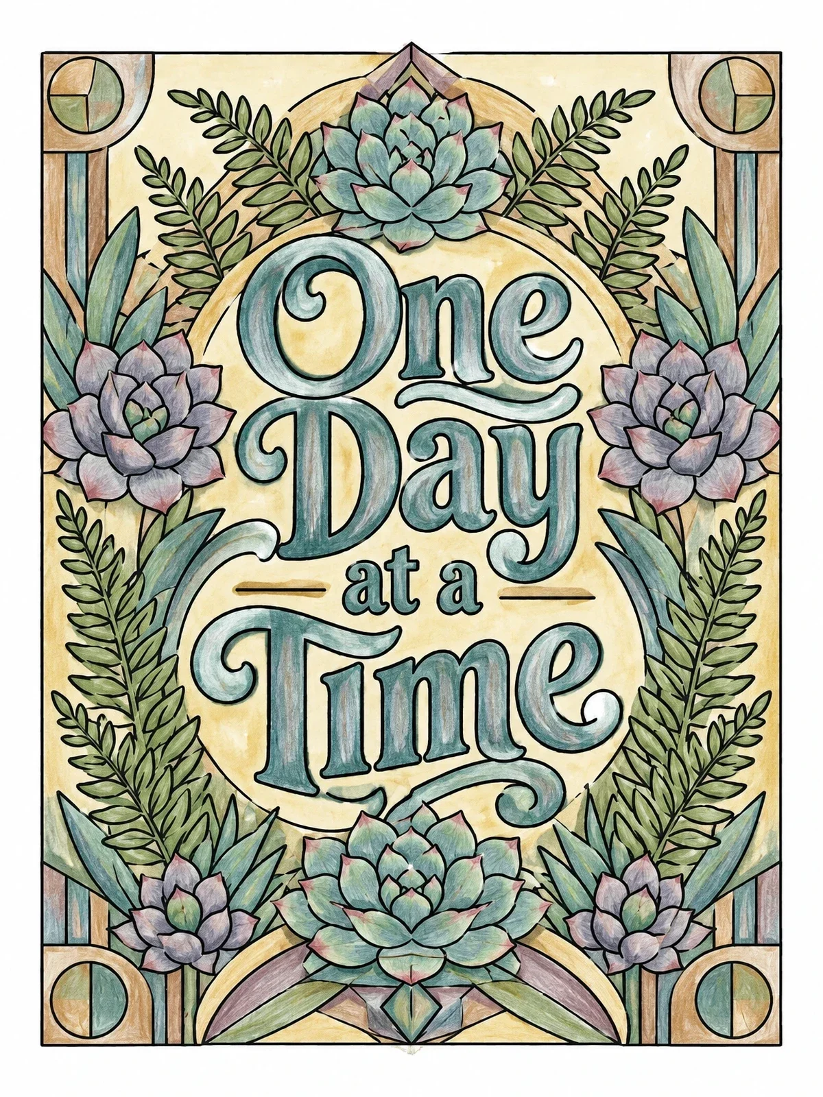 Colored example of the One Day At A Time Succulents coloring page