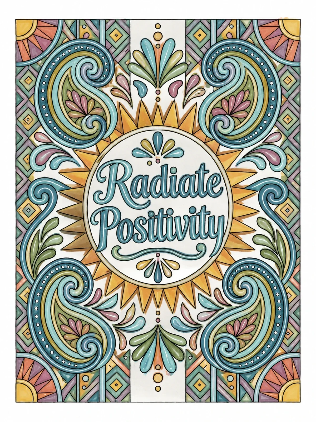Colored example of the Radiate Positivity Paisley Mandala Pattern coloring page