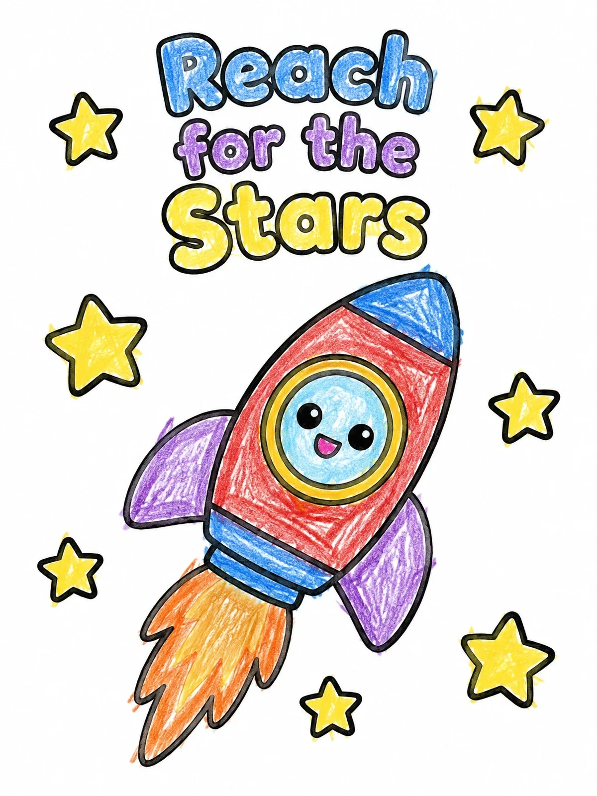 Colored example of the Reach For The Stars Rocket coloring page