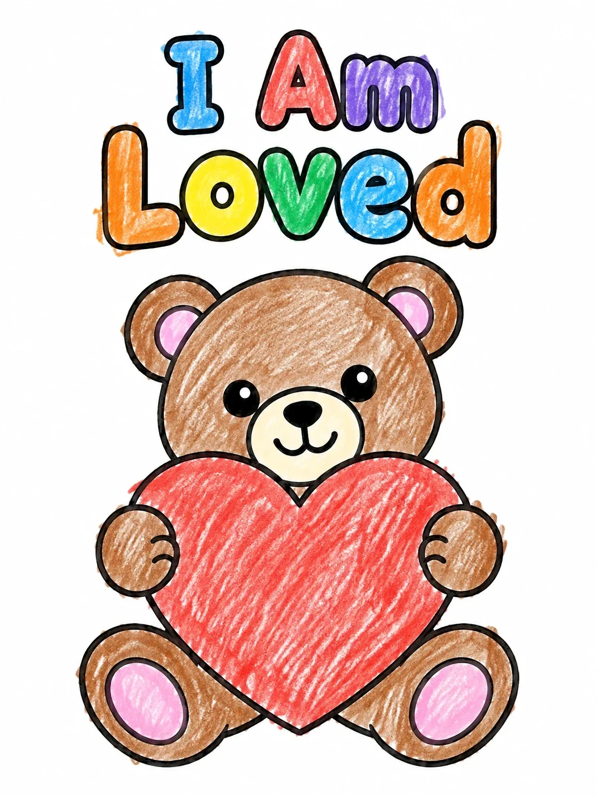 Colored example of the Teddy Bear With Heart Affirmation coloring page