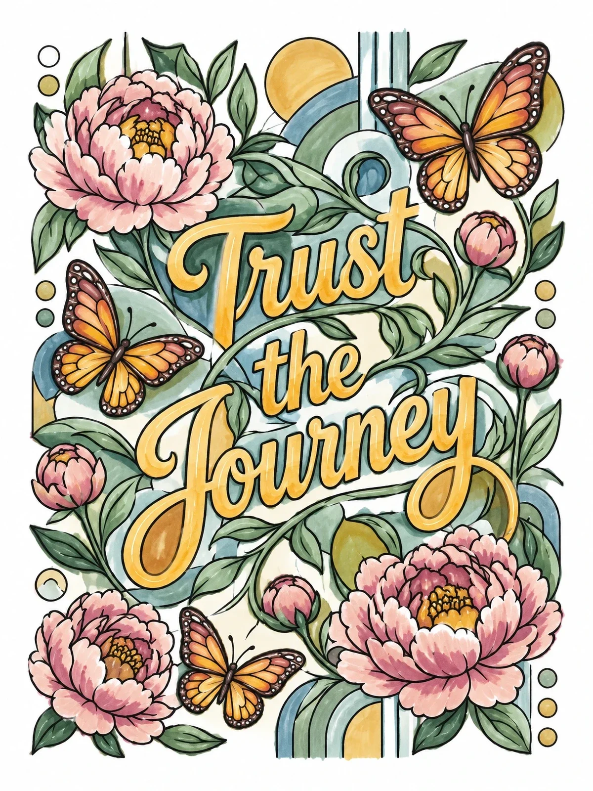 Colored example of the Trust The Journey Peony Art coloring page