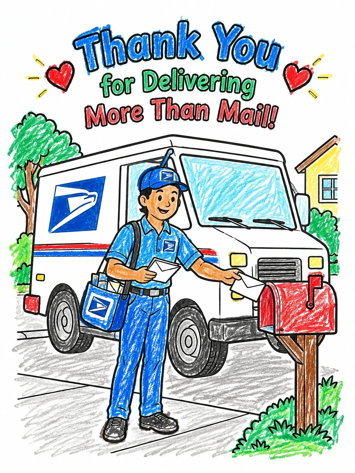 Colored example of the Postal Worker With Mail Truck coloring page
