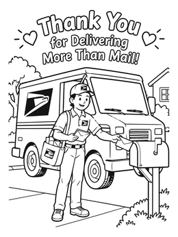 A friendly mail man coloring page showing a postal worker delivering letters by his mail truck.
