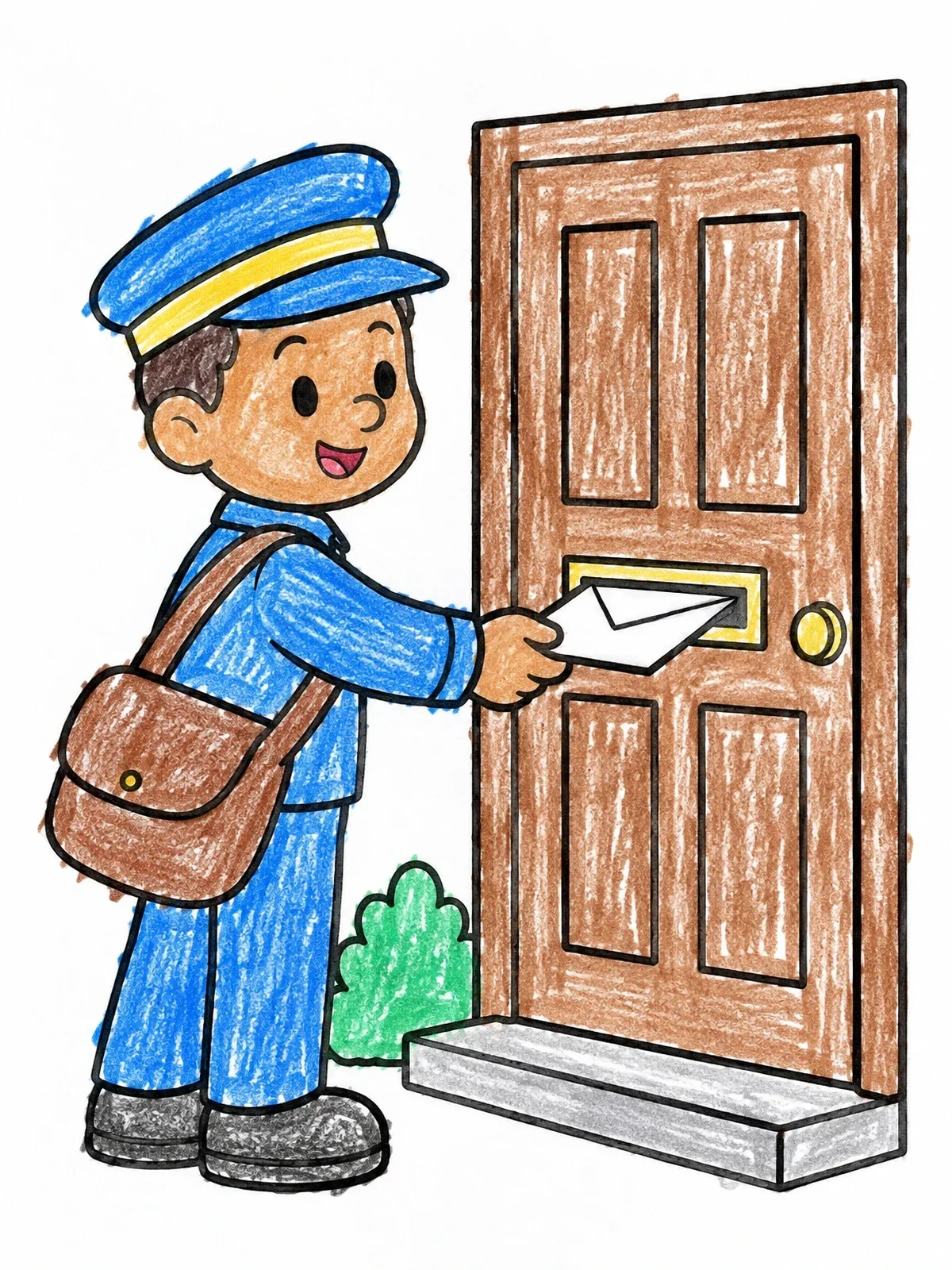 Colored example of the Friendly Mail Carrier At The Door coloring page