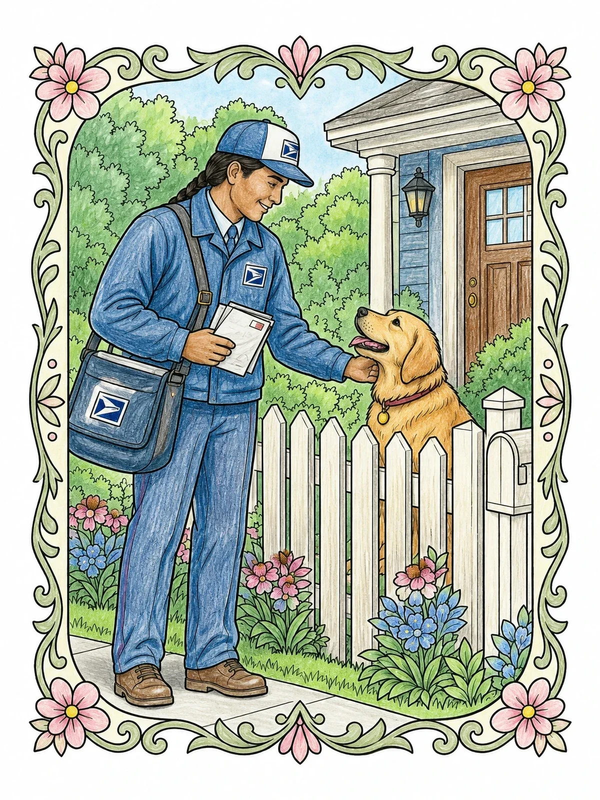 Colored example of the Friendly Mail Carrier Greeting Garden Dog coloring page