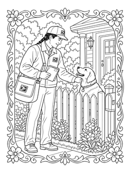 A detailed postman coloring page showing a mail carrier greeting a golden dog over a fence.