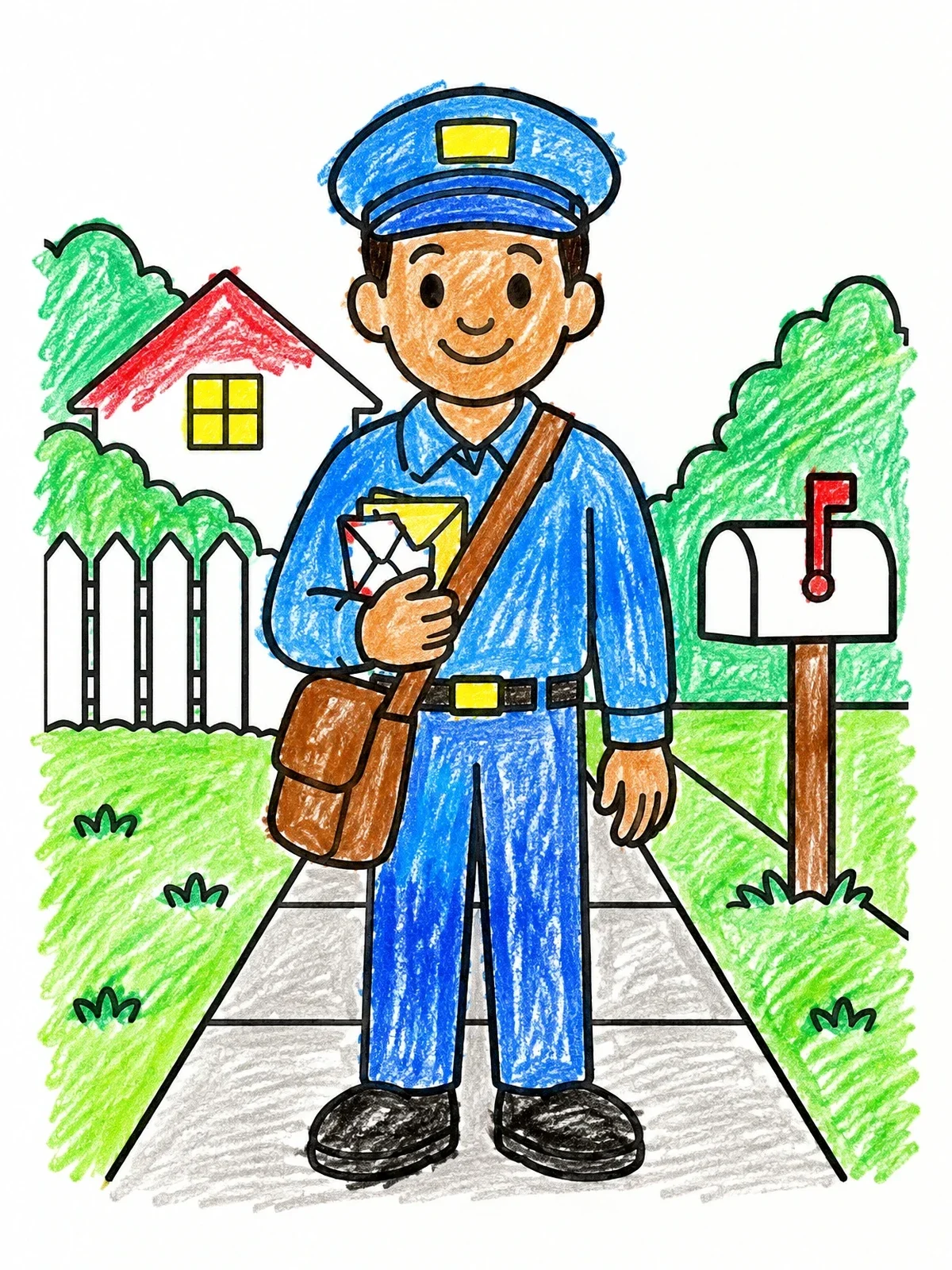 Colored example of the Friendly Mail Carrier On Neighborhood Sidewalk coloring page