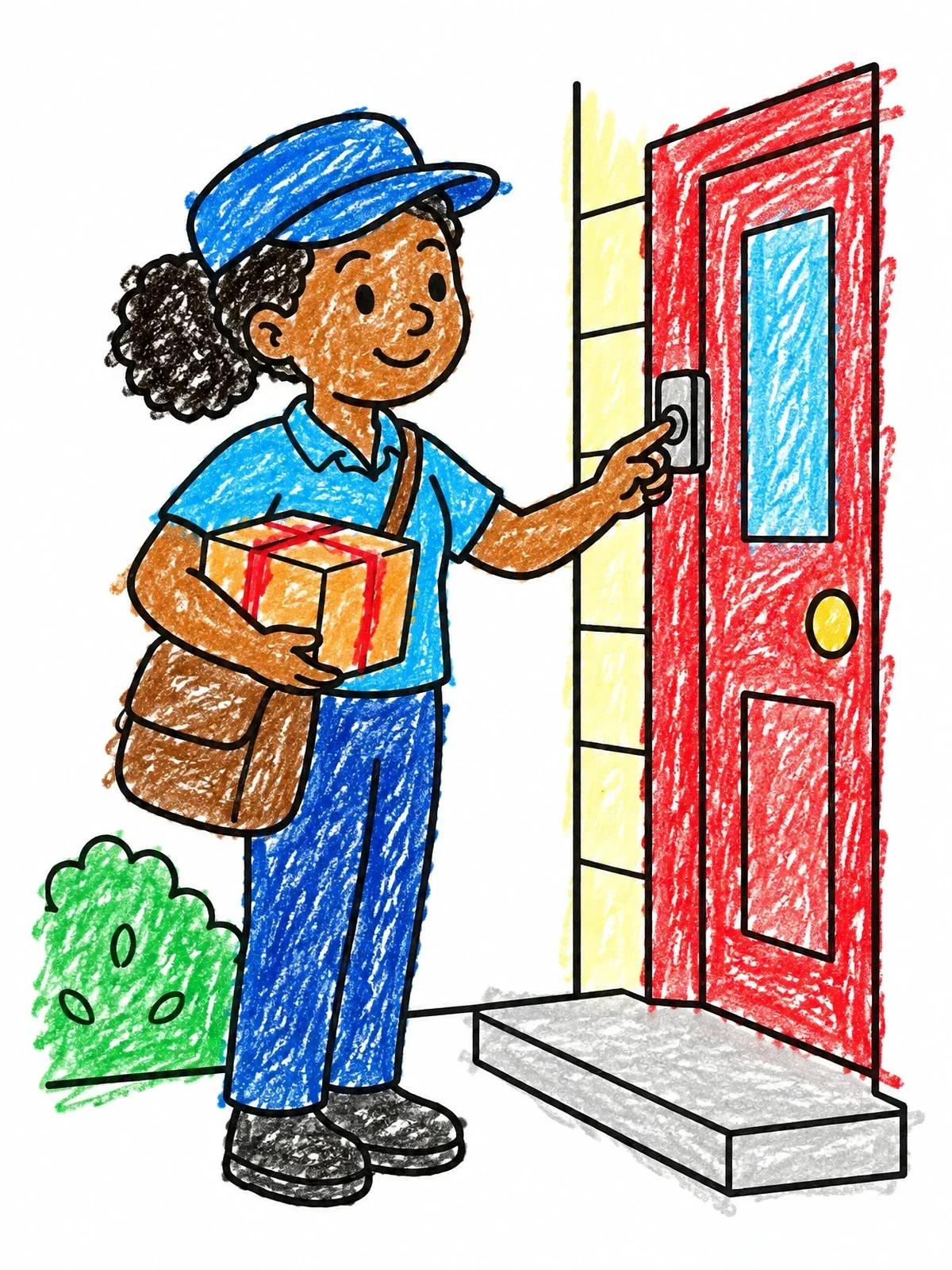 Colored example of the Friendly Mail Carrier Ringing Doorbell coloring page