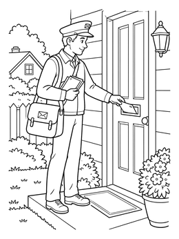 A friendly mail carrier delivers mail into a front door slot in this postman coloring page.