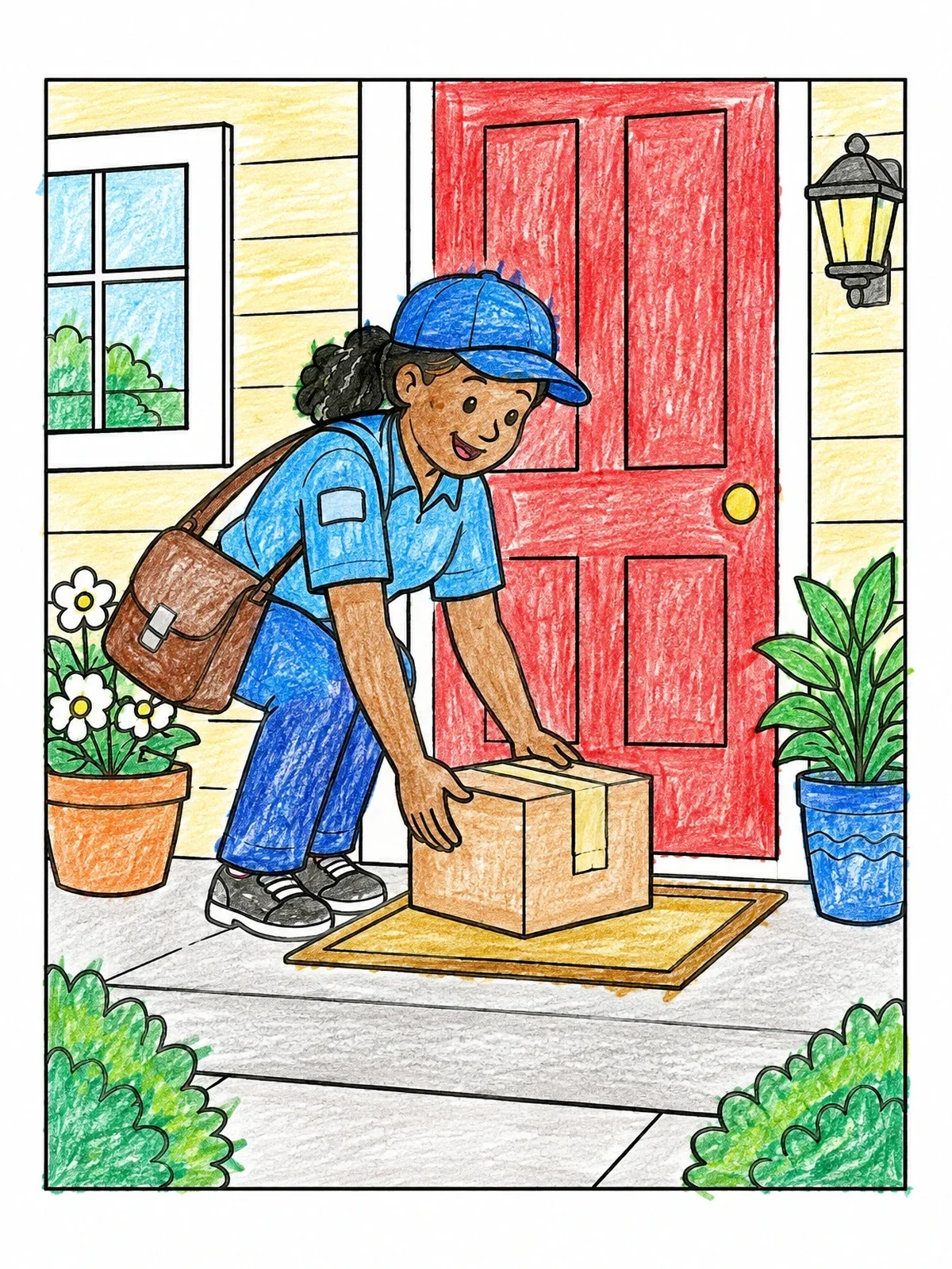 Colored example of the Mail Carrier Delivering A Parcel coloring page