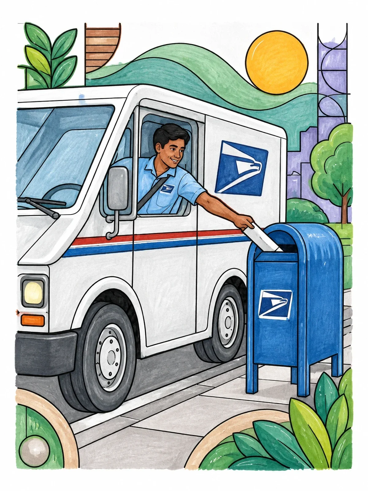 Colored example of the Mail Carrier Delivering From Truck coloring page