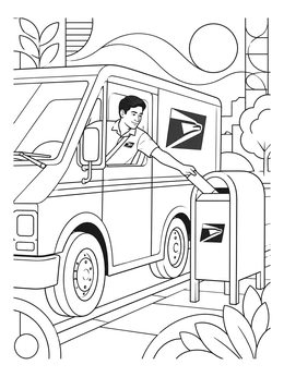 A detailed postman coloring page showing a mail carrier reaching out of a postal truck to drop mail in a box.
