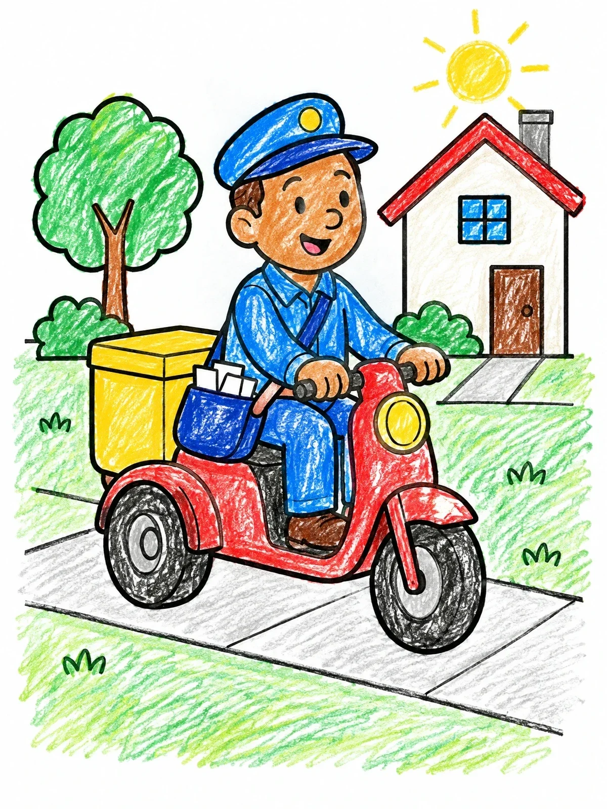 Colored example of the Mail Carrier On A Delivery Scooter coloring page