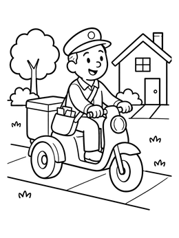 A cheerful postman coloring page showing a mail carrier driving a delivery scooter past a house.