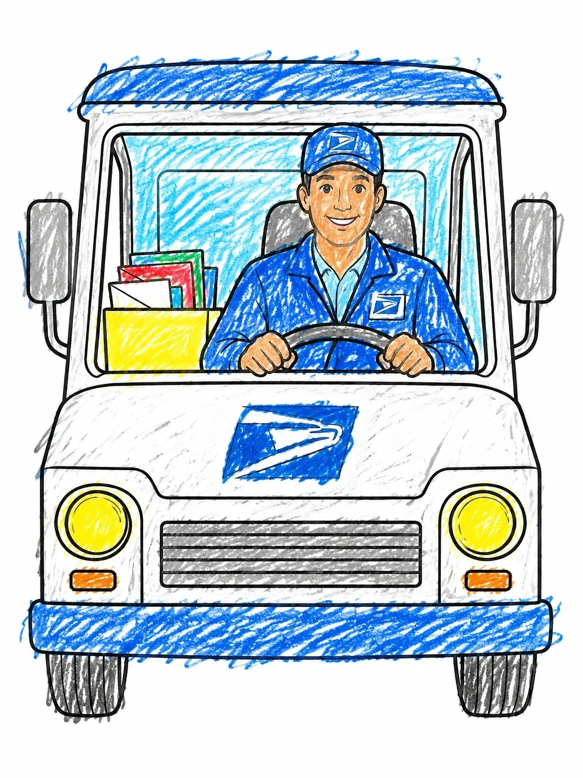 Colored example of the Mail Carrier Driving Delivery Truck coloring page