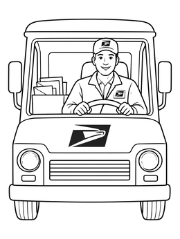 A smiling mail carrier in a delivery truck in this postman coloring page.